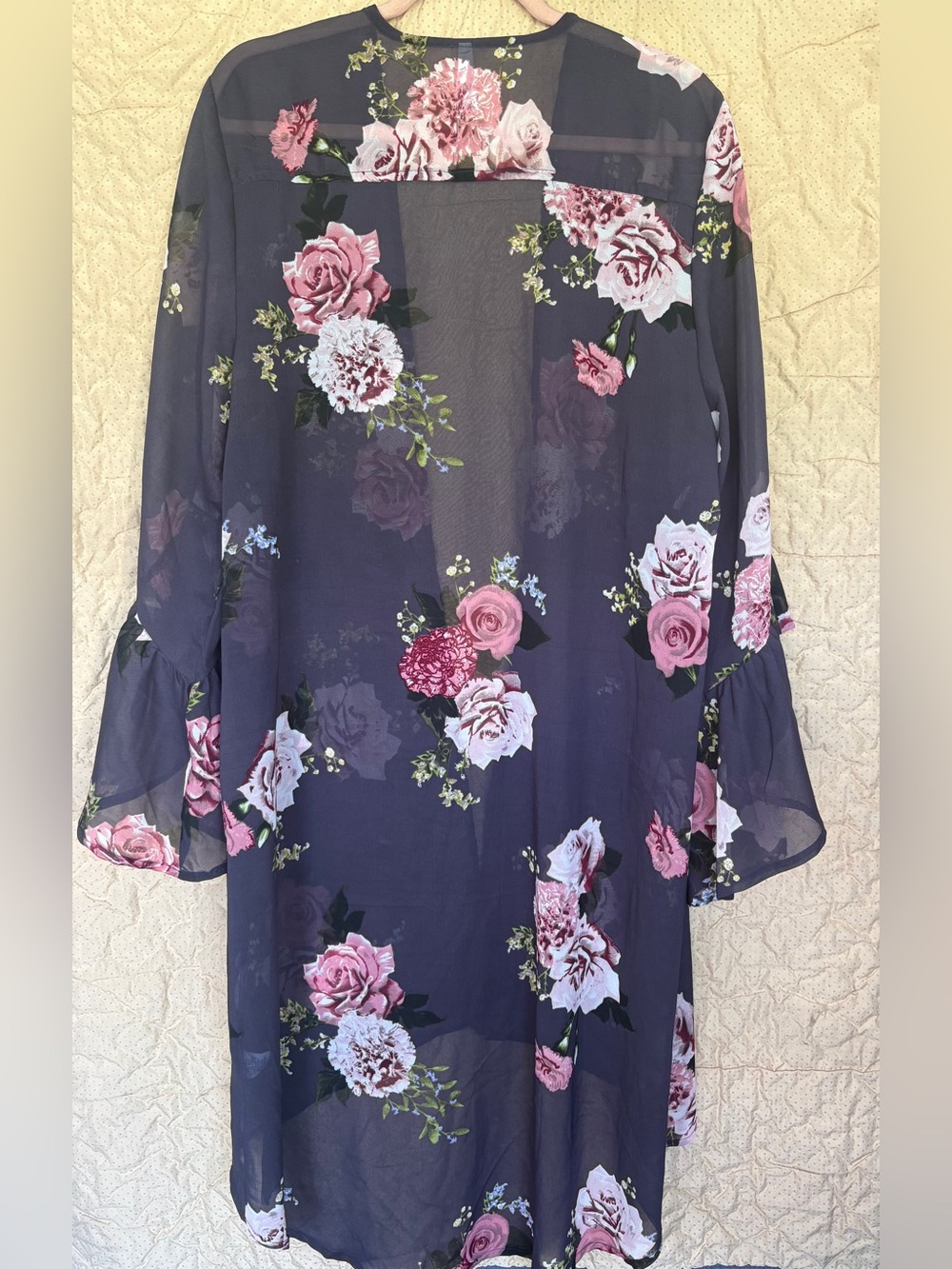 Live 4 Truth Floral Sheer Kimono 1X Cardigan Ruffle Bell Sleeve Black Pink - Picture 3 of 7